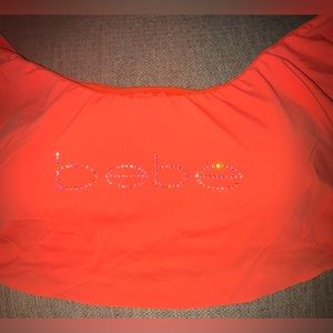 Bebe Rhinestone Logo Ruffle Swim Suit Top in Tangerine Color